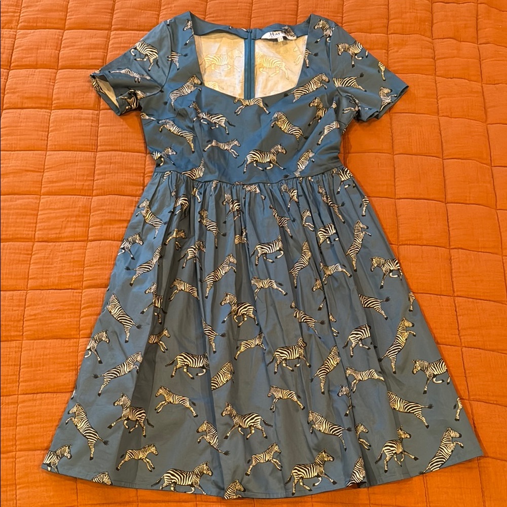 Harkle Blue A-Line Dress with Short Sleeves and Sweetheart Neckline